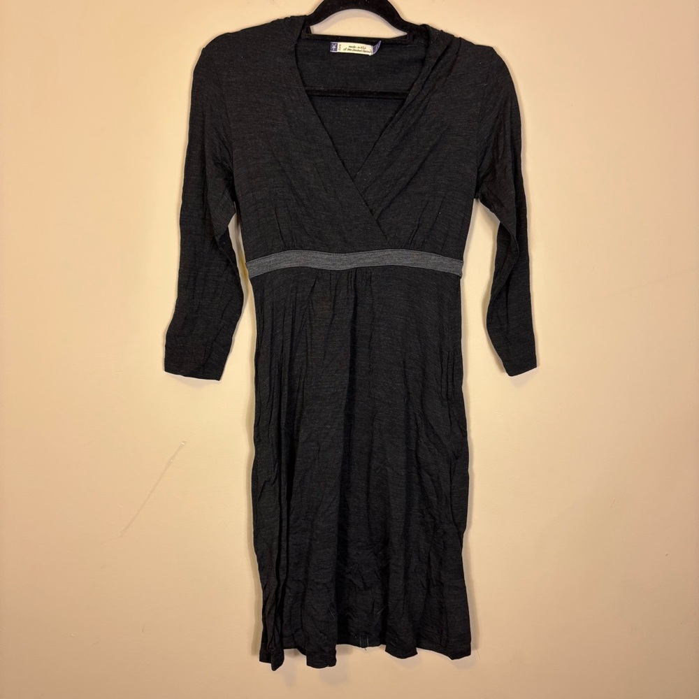 Ibex Dark Gray V Neck 3/4 Sleeve Hooded Merino Wool Dress Small